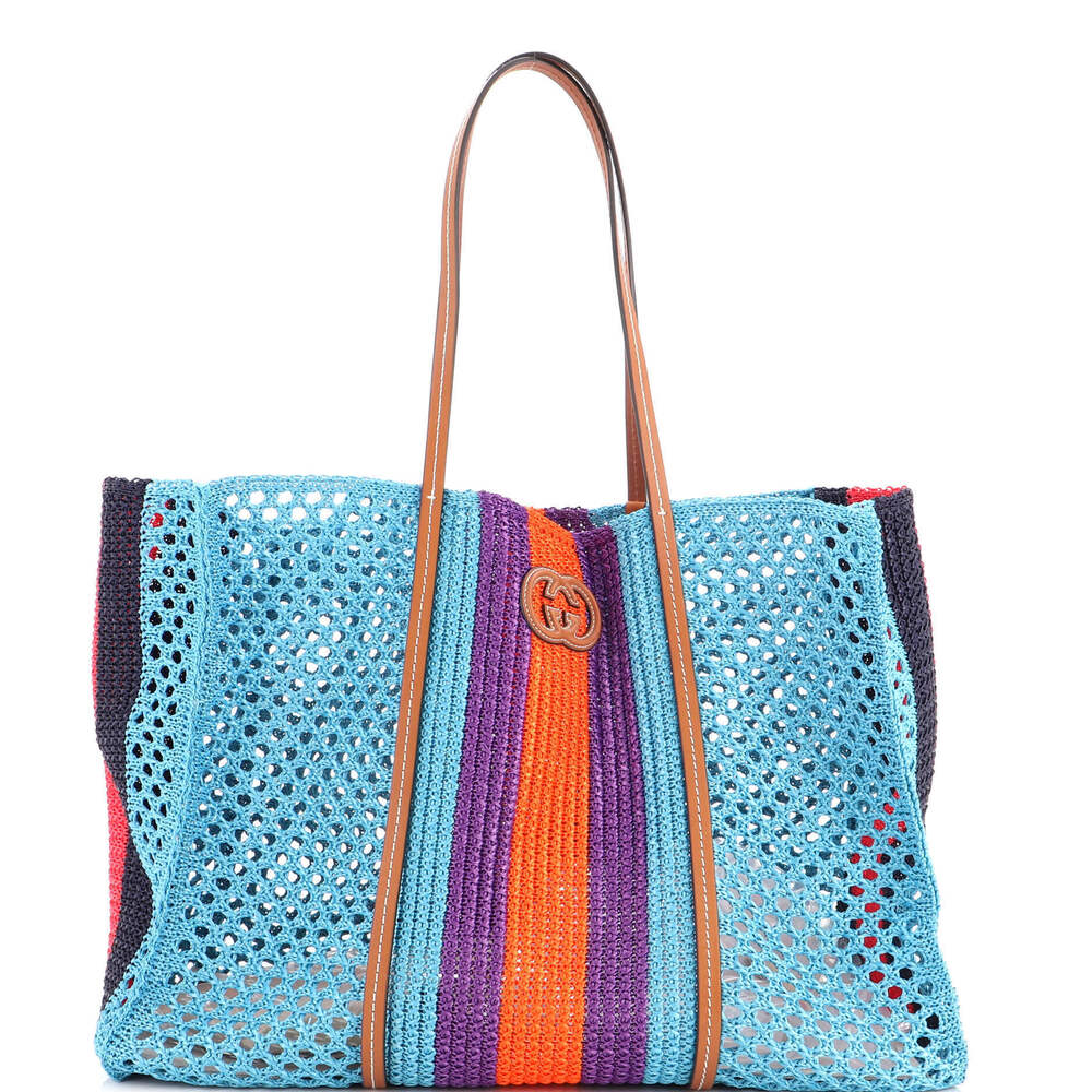 Gucci Large Interlocking G Web Tote Raffia